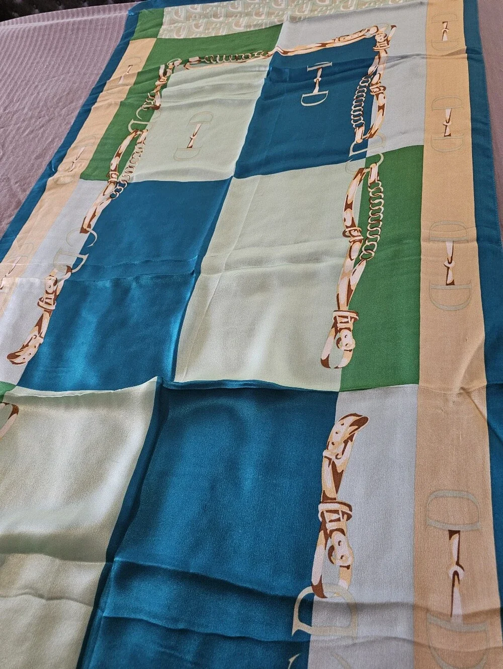 Christian Dior Vintage Silk Scarf Turquoise Equestrian Chain Trotter Monogram